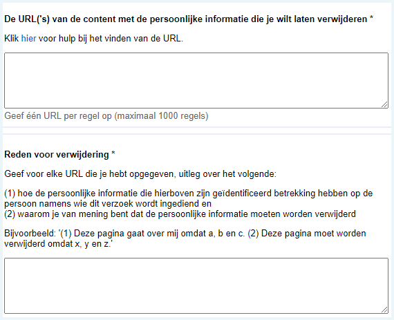 Formulier verwijderen Google resultaten
