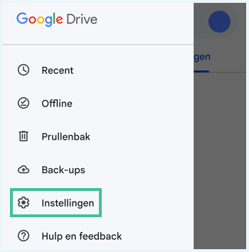 Menu in Google Drive met instellingen uitgelicht