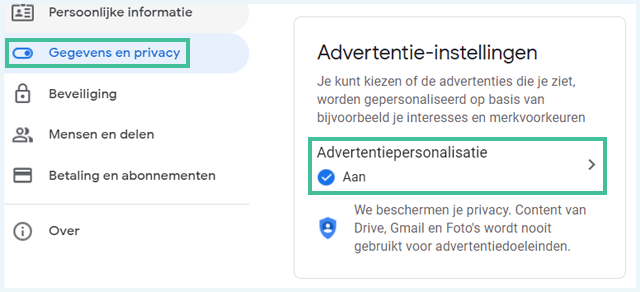 Google gegevens en privacy menu, advertentiepersonalisatie