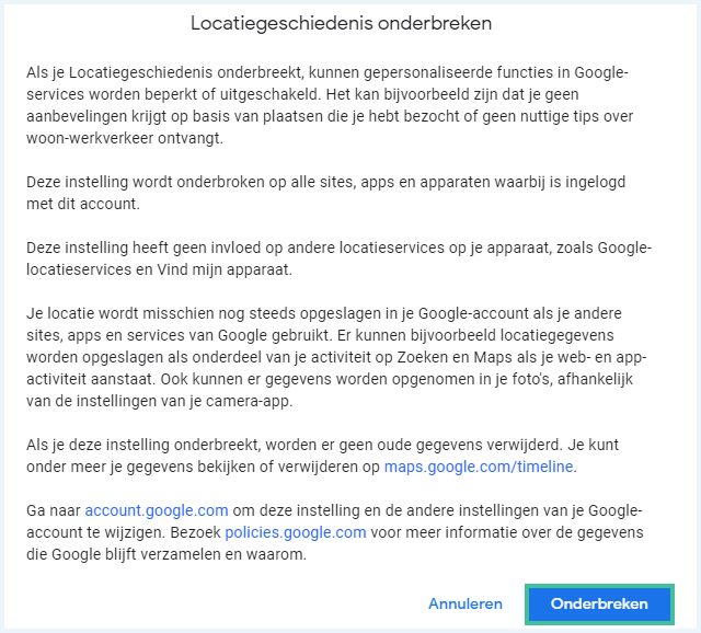 Google locatiegeschiedenis onderbreken