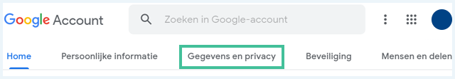 Google gegevens en privacy tabblad in menu