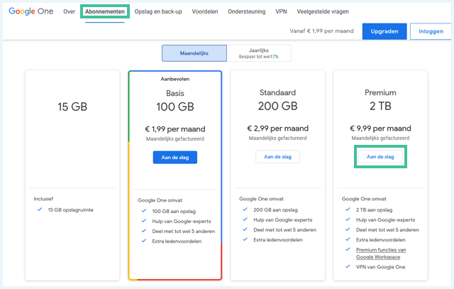Google One abonnementen met prijs