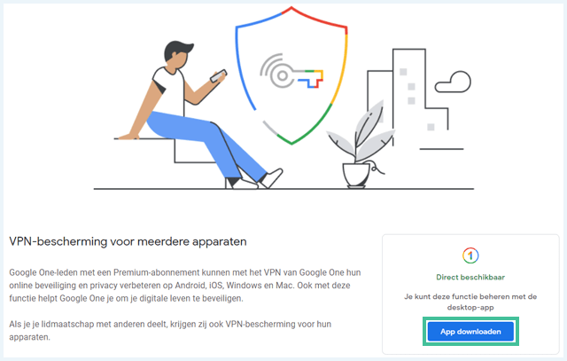 Google One website waarbij de knop