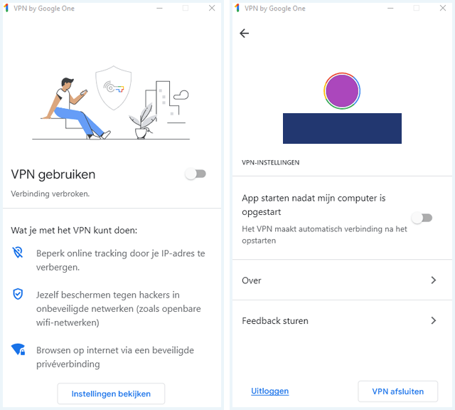 Google One VPN-app homescherm en instellingen