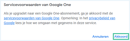 Google One servicevoorwaarden melding waarbij