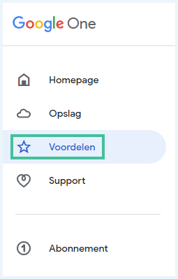 Google One website waarbij in het menu