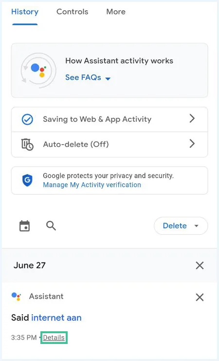 Google Assistant History waarbij