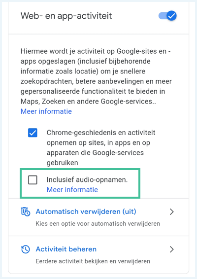 Google Google Web- en app-activiteit, audio-opname instelling