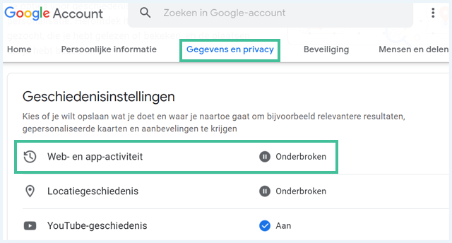 Google Gegevens en privacy, Web- en app-activiteit instelling