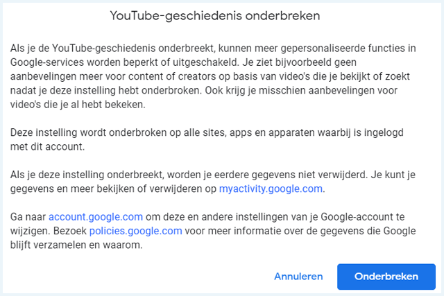 Google YouTube Geschiedenis onderbreken melding
