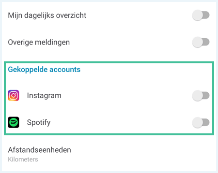 Happn app instellingen waarbij de gekoppelde accounts zijn uitgelicht