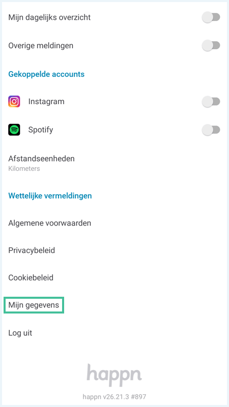 Happn app instellingen waarbij de optie