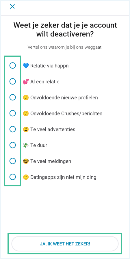 Happn scherm waar je een reden dient op te geven waarom je je account wil deactiveren