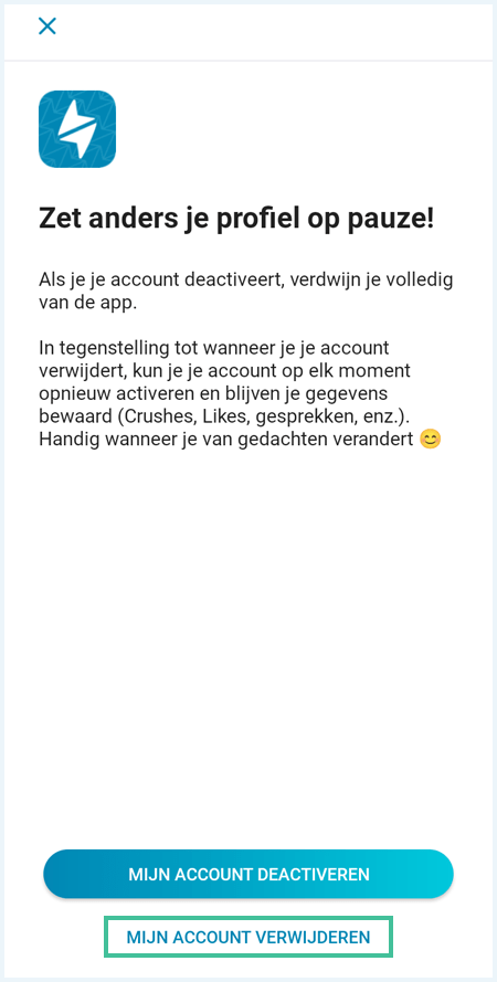Happn scherm waarin wordt gevraagd of je je account niet wil deactiveren in plaats van verwijderen