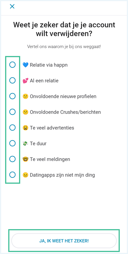 Happn scherm waar je een reden dient op te geven waarom je je account wil verwijderen