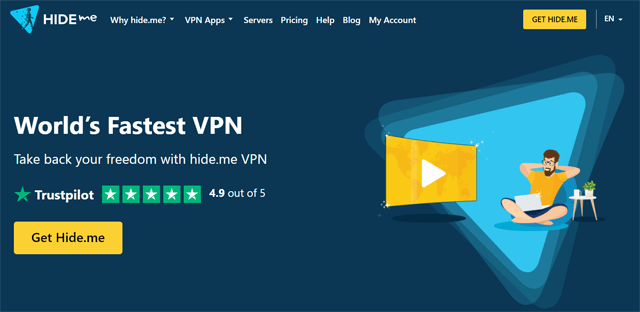 De homepage van de website van Hide.me
