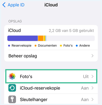 iCloud website menu waarbij foto's is uitgelicht