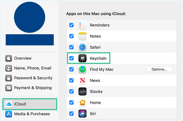 Screenshot iCloud Synchronisatie Keychain