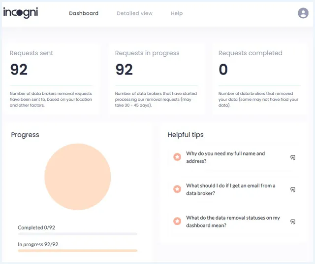Het dashboard van Incogni