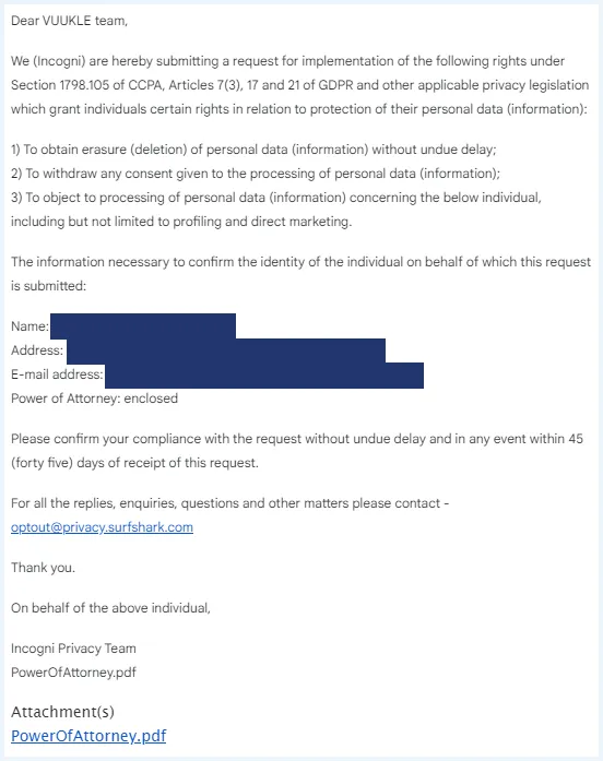 De e-mail die Incogni stuurt aan een broker