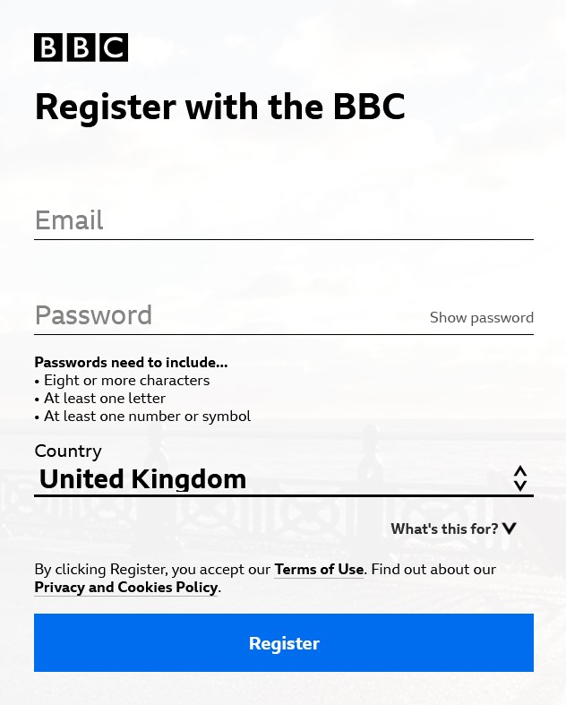 Registratiescherm BBC iPlayer