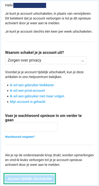 Instagram scherm waar je je account tijdelijk kunt uitschakelen