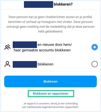 Instagram scherm waarin wordt gevraagd of je iemand wil blokkeren waarbij de optie