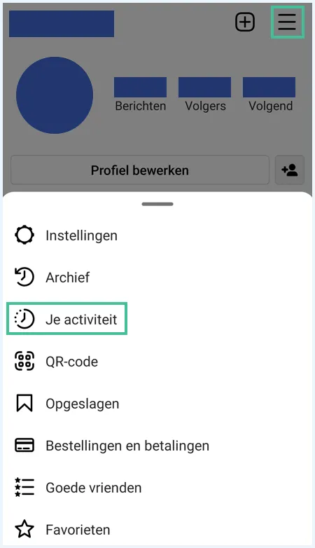 Instagram profiel met het hamburgermenu en de optie