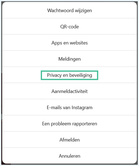 Instagram menu waarbij