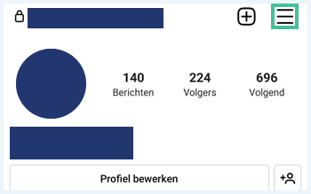 Instagram profiel waarbij het hamburgermenu is uitgelicht