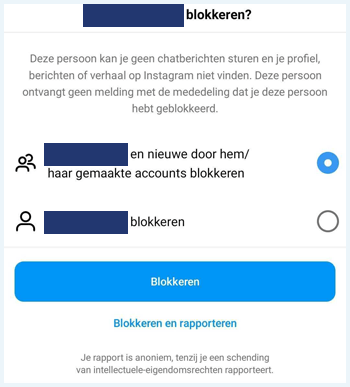 Instagram scherm waarin wordt gevraagd of je iemand wil blokkeren