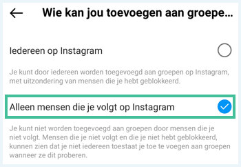 Instagram optie om in te stellen dat alleen mensen die je volgt je kunnen toevoegen aan groepen
