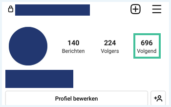 Instagram profiel waarbij het aantal volgende profielen is uitgelicht