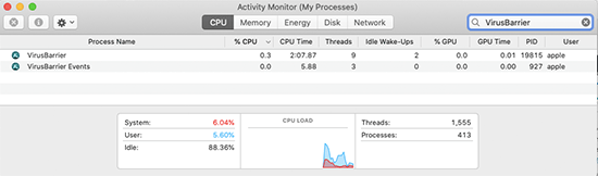 CPU gebruik van de Intego VirusBarrier op Mac