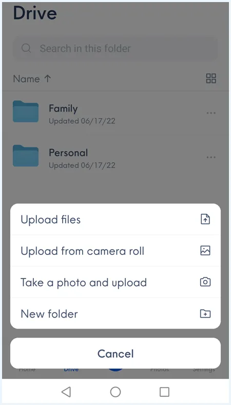 Internxt Android app uploadopties