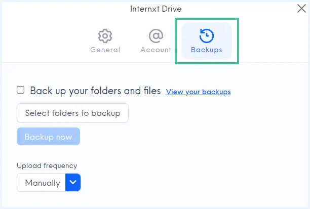 Internxt app backup-scherm
