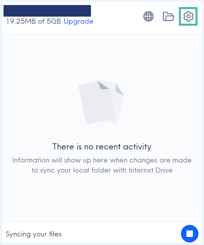 Internxt desktop app waarbij het tandwieltje is uitgelicht