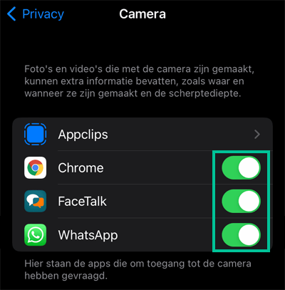 iOS Camera-instellingen waarbij de toegangsrechten voor verschillende apps zijn uitgelicht