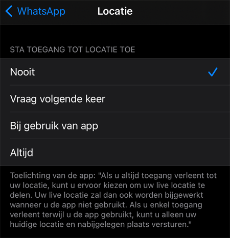 Screenshot van de opties voor locatieinstellingen op iOS