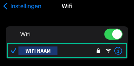 iOS scherm met Wifi-instellingen waarbij een specifieke Wifi-netwerk is uitgelicht