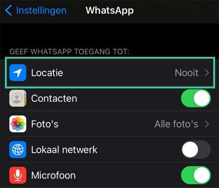 Screenshot van de appinstellingen van WhatsApp op iOS