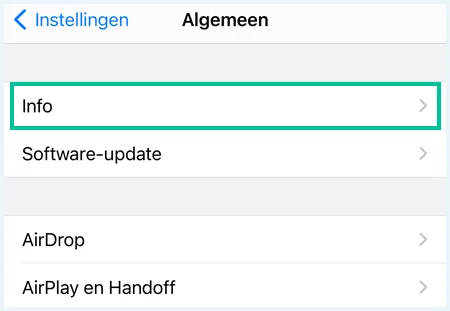 iPhone scherm Algemeen met de knop Info