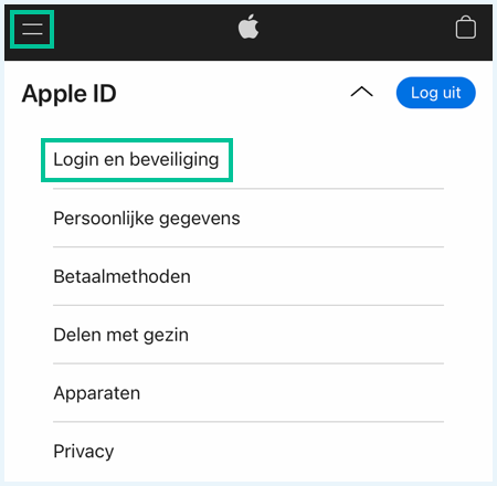 Apple ID website menu waarbij de menu-knop en