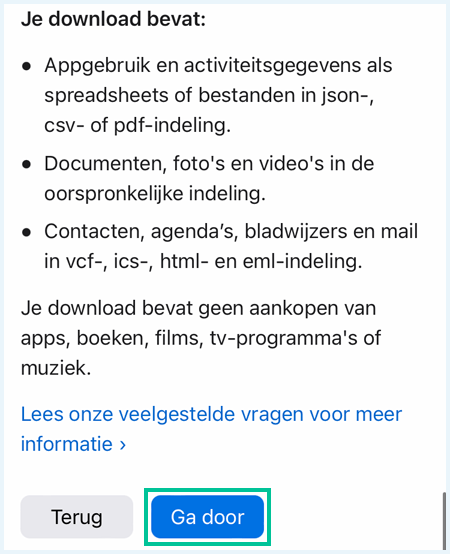 Apple ID website waarbij is aangegeven wat je gegevensaanvraag omvat