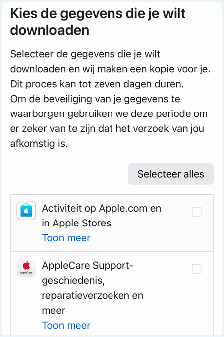 Apple ID website waarbij je kunt selecteren welke gegevens je wilt opvragen