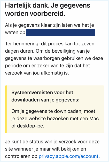 Apple ID website met de bevestiging dat je gegevensaanvraag wordt voorbereid en wordt gestuurd naar je e-mail