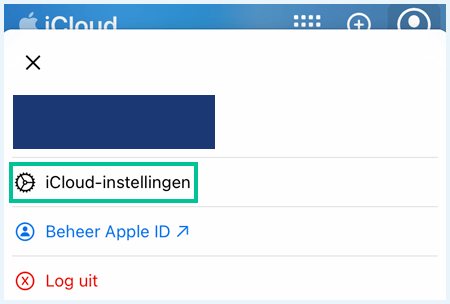 iCloud website menu waarbij