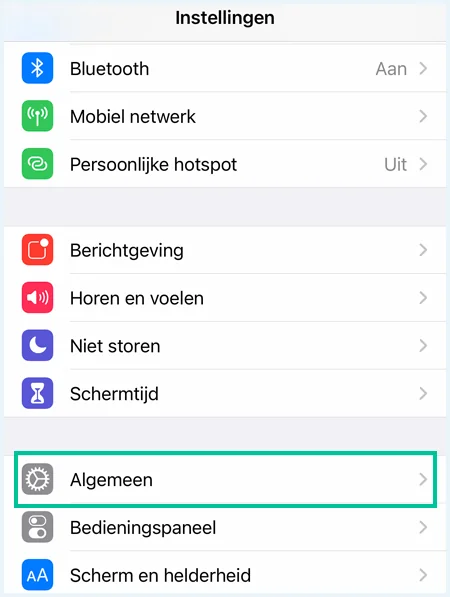 iPhone scherm instellingen met de knop Algemeen