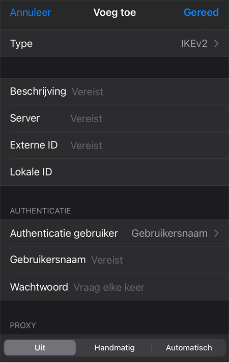 iOS voeg VPN configuratie toe scherm