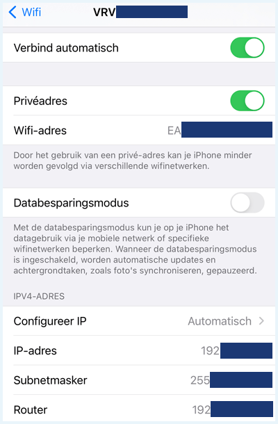 Het iPhone scherm waarop ip-adres informatie is te zien